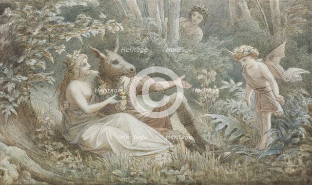 The fairy queen Titania crowns the donkey-headed Nick Bottom sitting next to her, c1883. Creator: Leopold Bode.