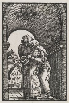 The Fall and Redemption of Man: The Embrace of Joachim and Anne at the Golden Gate, c. 1513. Creator: Albrecht Altdorfer (German, c. 1480-1538)