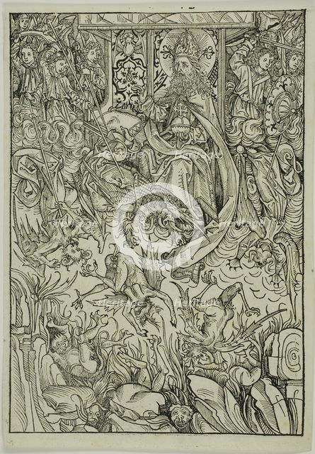 The Fall of Lucifer and the Rebel Angels (verso); The Gathering of the Angels (recto)..., 1491. Creator: Michael Wolgemut.