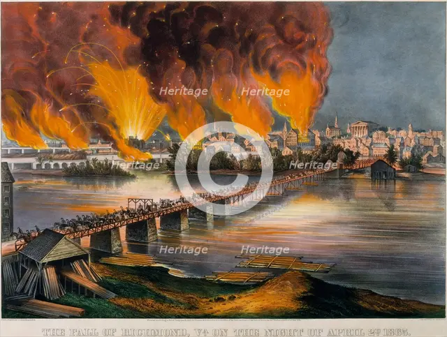 The Fall of Richmond, Virginia, on the Night of April 2nd, 1865, 1865., 1865. Creators: Nathaniel Currier, James Merritt Ives, Currier and Ives.