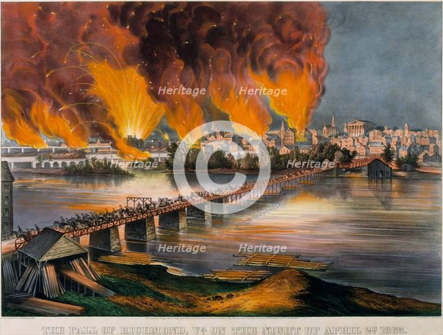 The Fall of Richmond, Virginia, on the Night of April 2nd, 1865, 1865., 1865. Creators: Nathaniel Currier, James Merritt Ives, Currier and Ives.