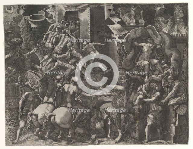 The Fall of Troy and Escape of Aeneas, mid-1540's. Creator: Giorgio Ghisi.