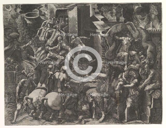 The Fall of Troy and Escape of Aeneas, mid-1540's. Creator: Giorgio Ghisi.