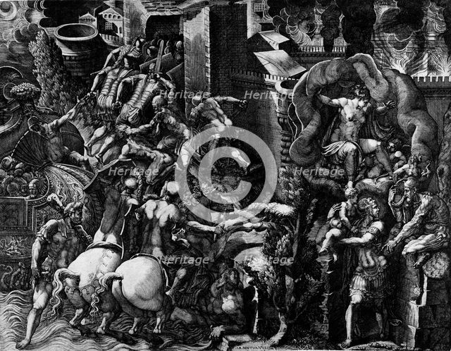 The Fall of Troy and the Escape of Aeneas, mid-1540s. Creator: Giorgio Ghisi.