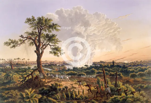 The Falls by Sunrise with the spray cloud rising 1,200 feet, pub. 1865.  Creator: Thomas Baines (1820-75).