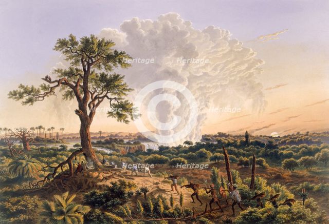 The Falls by Sunrise with the spray cloud rising 1,200 feet, pub. 1865.  Creator: Thomas Baines (1820-75).