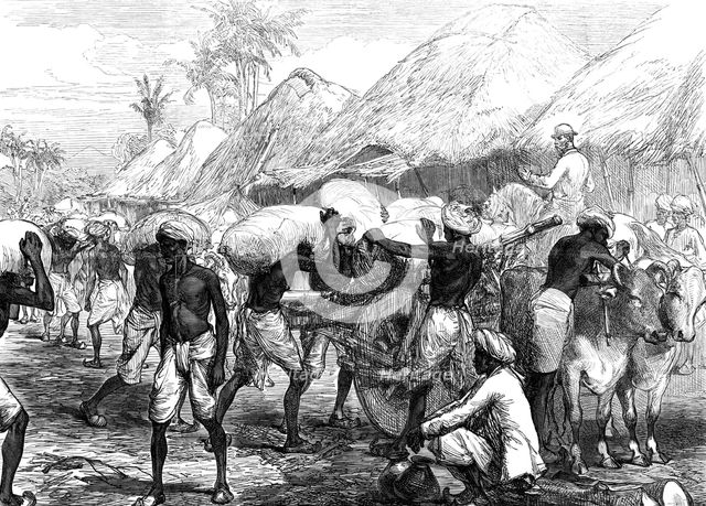The Famine in Bengal: loading grain-carts near Calcutta, 1874. Creator: Unknown.