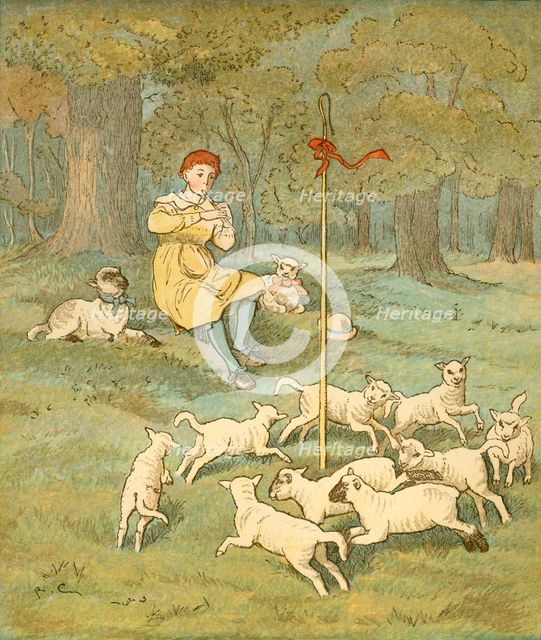 The Farmer's Boy plays his pipe as the lambs dance around his shepherd's crook, c1881. Creator: Randolph Caldecott.