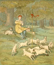 The Farmer's Boy plays his pipe as the lambs dance around his shepherd's crook, c1881. Creator: Randolph Caldecott