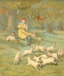 The Farmer's Boy plays his pipe as the lambs dance around his shepherd's crook, c1881. Creator: Randolph Caldecott