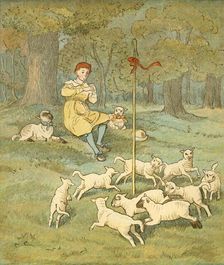 The Farmer's Boy plays his pipe as the lambs dance around his shepherd's crook, c1881. Creator: Randolph Caldecott