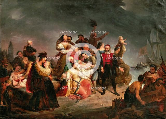 The farewell to America or The Boarding the Mayflower. Creator: Wappers, Gustave (1803-1874).