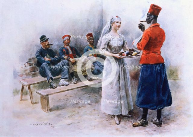 The Favourite Nurse with Zouaves and Soldiers during WWI, 1915 (Colour Lithograph)