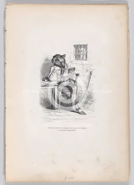 The favorite object of his studies is the collection of Idylles by Madame Deshouliè..., ca. 1837-47. Creator: Joseph Hippolyte Jules Caque.