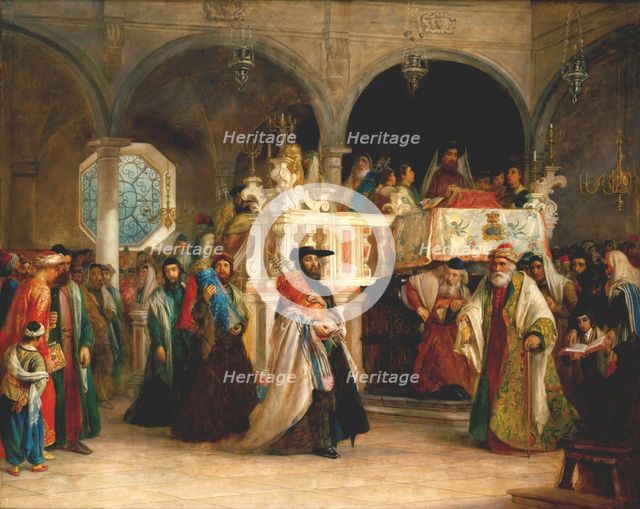 The Feast of the Rejoicing of the Torah at the Synagogue in Leghorn, Italy, 1850. Artist: Hart, Solomon Alexander (1806-1881)