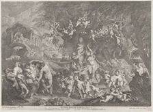 The Feast of Venus, with groups of satyrs, nymphs, and putti dancing around a statue of Ve..., 1732. Creator: Anton Joseph von Prenner