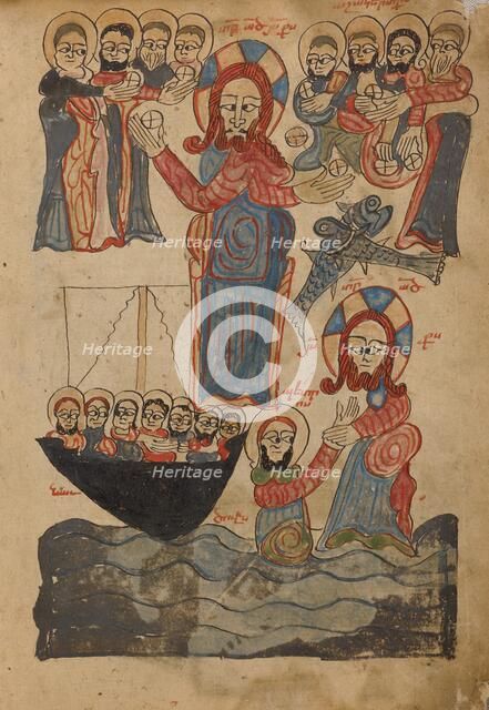 The Feeding of the Five Thousand: Jesus Walking on the Water; Gospel Book, 1386. Creator: Unknown.