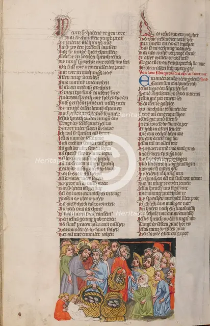 The Feeding of the Five Thousand; Weltchronik, about 1400-1410. Creator: Unknown.