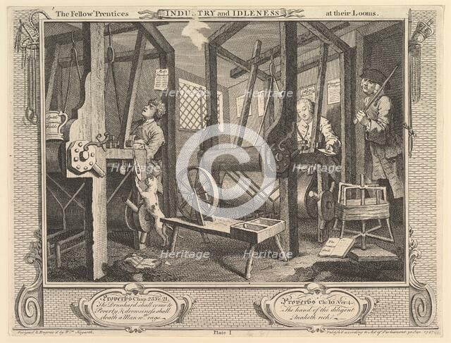 The Fellow 'Prentices at their Looms: Industry and Idleness, plate 1, September 30, 1747. Creator: William Hogarth.