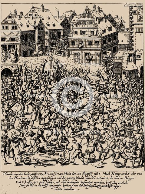 The Fettmilch Rising. The plundering of the Judengasse in Frankfurt on August 22, 1614, c. 1616-1617 Creator: Keller, Georg (1576-1640).
