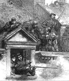 The Fighting in Paris: on the housetops: Faubourg Poissonnière, 1871. Creator: Alfred William Hunt