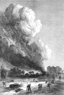 The Fighting in Paris: explosion in the Avenue Rapp, Champs Elysées, 1871. Creator: Unknown