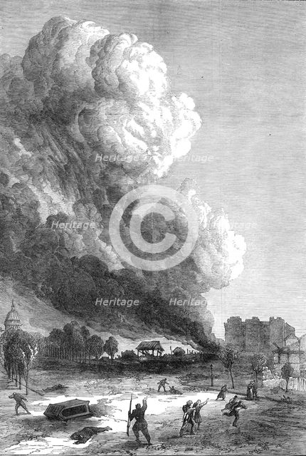 The Fighting in Paris: explosion in the Avenue Rapp, Champs Elysées, 1871. Creator: Unknown.