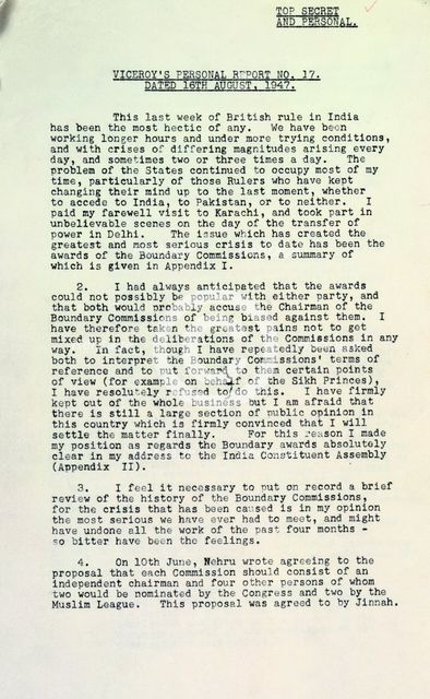 The final personal report of the last Viceroy of India, Lord Mountbatten of Burma, 1947. Creator: Unknown.