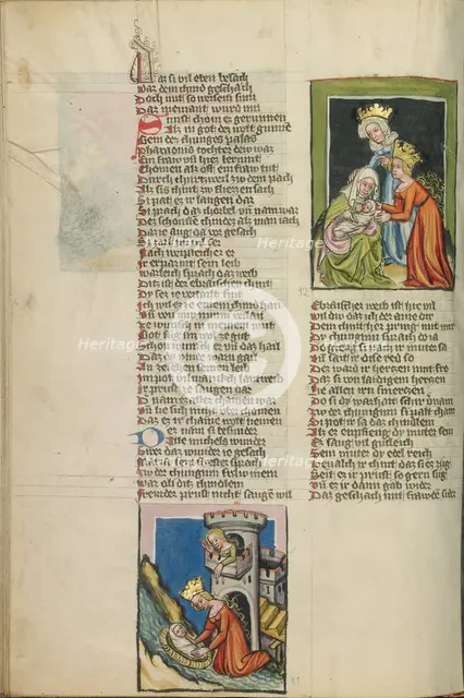 The Finding of Moses: A Handmaid of Pharaoh's Daughter Nurses Moses; Weltchronik, about 1400-1410. Creator: Unknown.