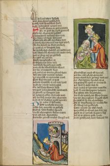 The Finding of Moses: A Handmaid of Pharaoh's Daughter Nurses Moses; Weltchronik, about 1400-1410. Creator: Unknown