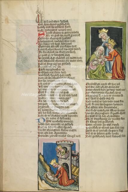 The Finding of Moses: A Handmaid of Pharaoh's Daughter Nurses Moses; Weltchronik, about 1400-1410. Creator: Unknown.