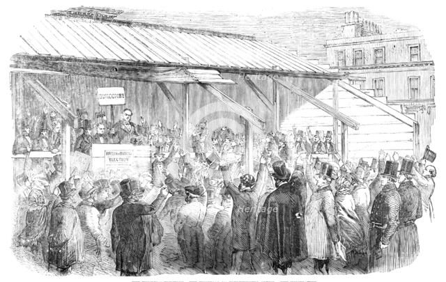 The Finsbury Election: the Hustings on Clerkenwell-Green: the Nominations, 1857. Creator: Unknown.