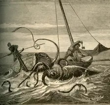 The Fishermen Battle with the Giant Squid 1881. Creator: Unknown