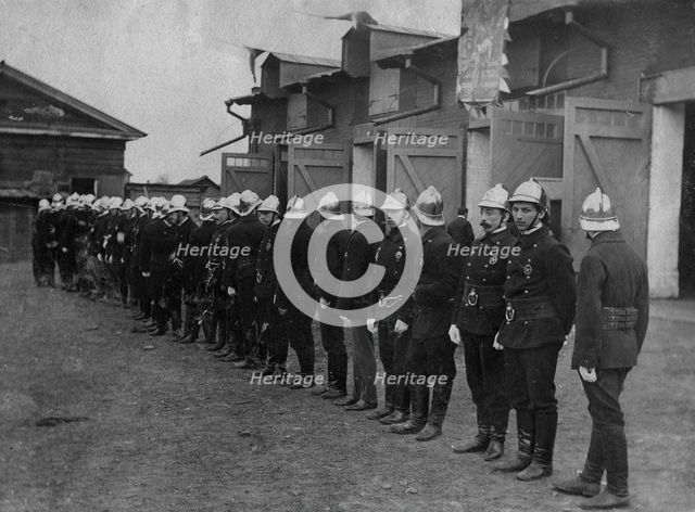 The fire brigade of the voluntary fire society near its building on Arsenalnaya Street, 1908. Creator: Unknown.