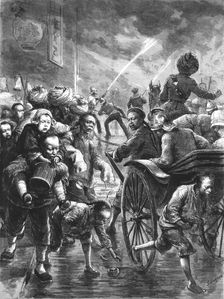 'The Fire Season at Hong Kong; Officers of the Brigade coming up in Rickshaws 1891. Creator: Unknown