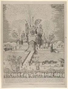 The firework display called Girandola at the Castello Sant'Angelo in Rome, a nocturnal s..., 1579. Creator: Giovanni Ambrogio Brambilla