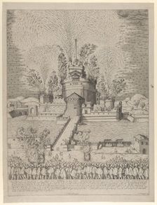 The firework display called Girandola at the Castello Sant'Angelo in Rome, a nocturnal s..., 1579. Creator: Giovanni Ambrogio Brambilla