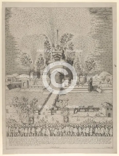 The firework display called 'Girandola' at the Castello Sant'Angelo in Rome, a nocturnal s..., 1579. Creator: Giovanni Ambrogio Brambilla.
