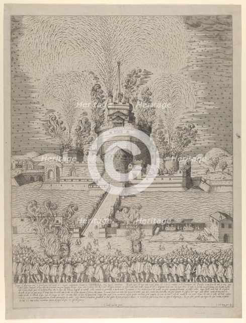 The firework display called 'Girandola' at the Castello Sant'Angelo in Rome, a nocturnal s..., 1579. Creator: Giovanni Ambrogio Brambilla.