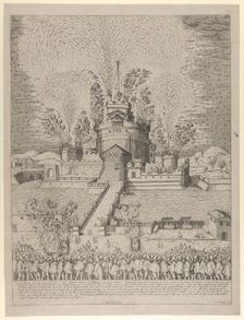The firework display called Girandola at the Castello Sant'Angelo in Rome, a nocturnal s..., 1579. Creator: Giovanni Ambrogio Brambilla