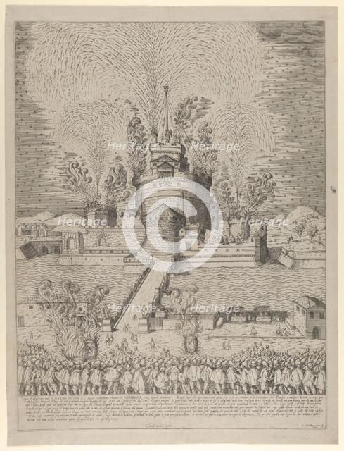 The firework display called 'Girandola' at the Castello Sant'Angelo in Rome, a nocturnal s..., 1579. Creator: Giovanni Ambrogio Brambilla.