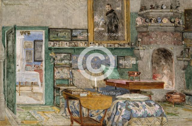 The fireplace room from the artist's home Leveld in Lysaker , 1917. Creator: Gerhard Munthe.