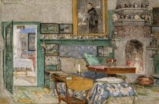 The fireplace room from the artist's home Leveld in Lysaker , 1917. Creator: Gerhard Munthe