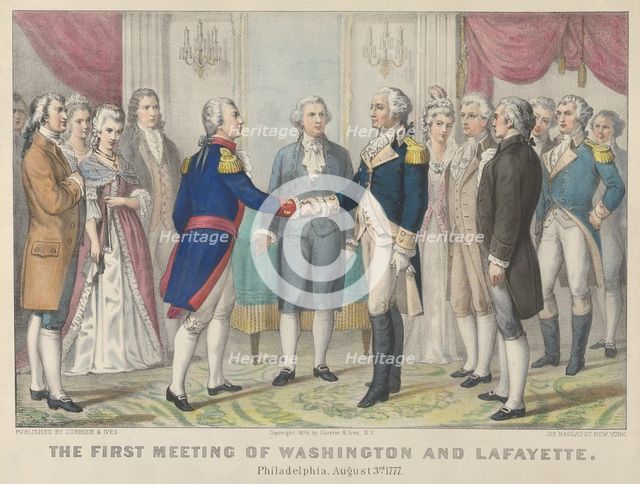 The First Meeting of Washington and Lafayette—Philadelphia, August 3rd, 1777, 1876., 1876. Creators: Nathaniel Currier, James Merritt Ives, Currier and Ives.