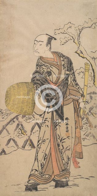 The First Nakamura Nakazo as a Komuso Standing in the Snow by a Fence, ca. 1775. Creator: Shunsho.