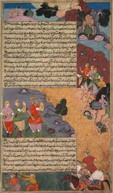 The First Adventure of the White Horse, Page from the Khan Khanan's Razm Nama..., c. 1610-17. Creator: Unknown