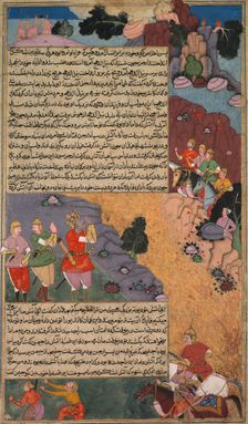 The First Adventure of the White Horse, Page from the Khan Khanan's Razm Nama..., c. 1610-17. Creator: Unknown
