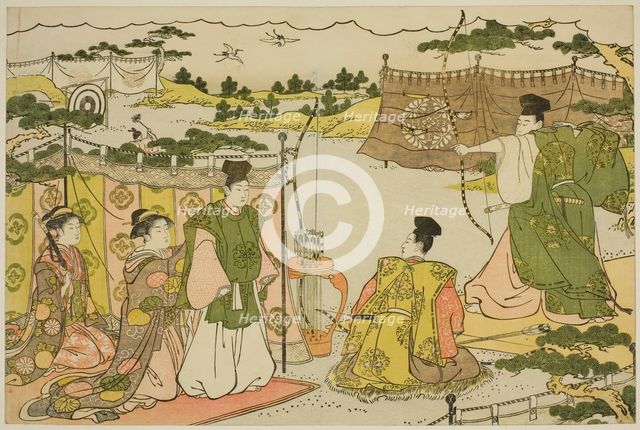 The First Archery Practice of the New Year (Yumi hajime), from the illustrated book..., c. 1787. Creator: Torii Kiyonaga.
