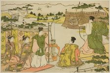 The First Archery Practice of the New Year (Yumi hajime), from the illustrated book..., c. 1787. Creator: Torii Kiyonaga