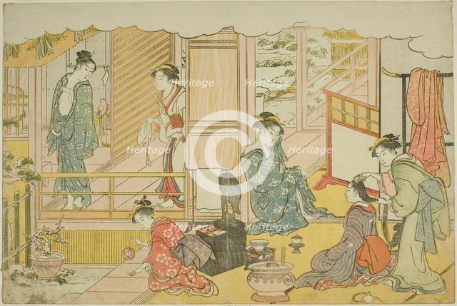 The First Bath of the New Year (Yudono hajime), from the illustrated book "Colors of the..., c.1787. Creator: Torii Kiyonaga.